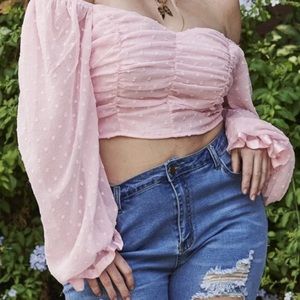 Pink Ruched sleeve dotty top Sz 2x